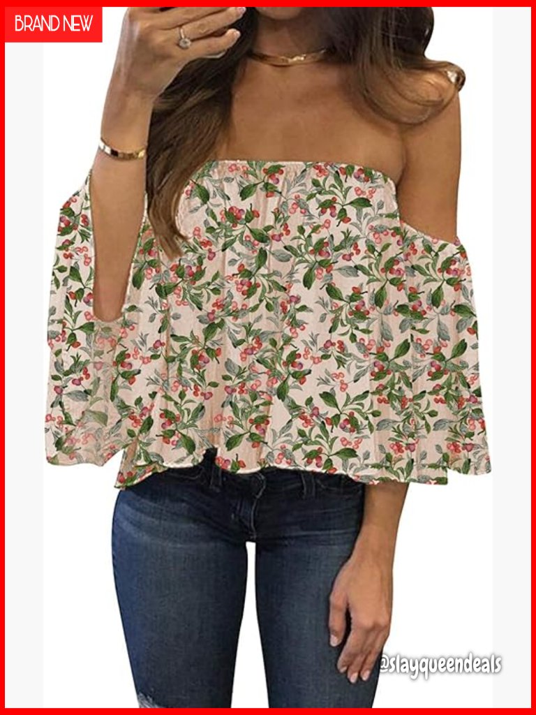 Summer Off Shoulder Chiffon Blouse Ruffles Short Sleeves Loose Fit Top